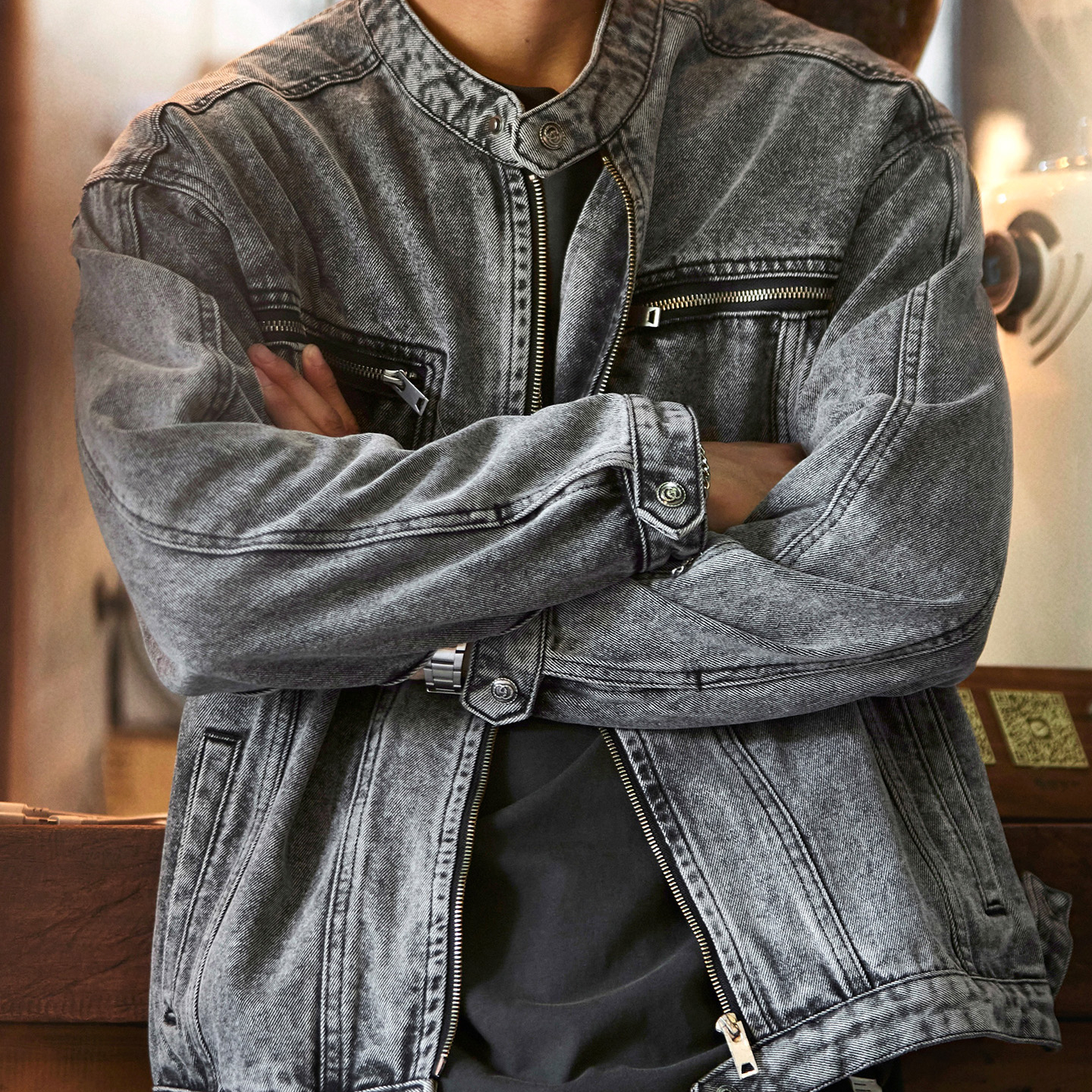 美式復古機車立領水洗牛仔夾克男2025秋季新款寬鬆拉鍊工裝外套