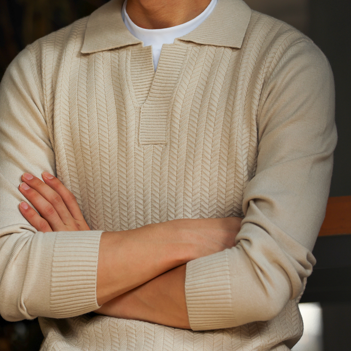 老錢風剪刀領抗皺針織POLO衫男細針提花羊毛休閒打底衫