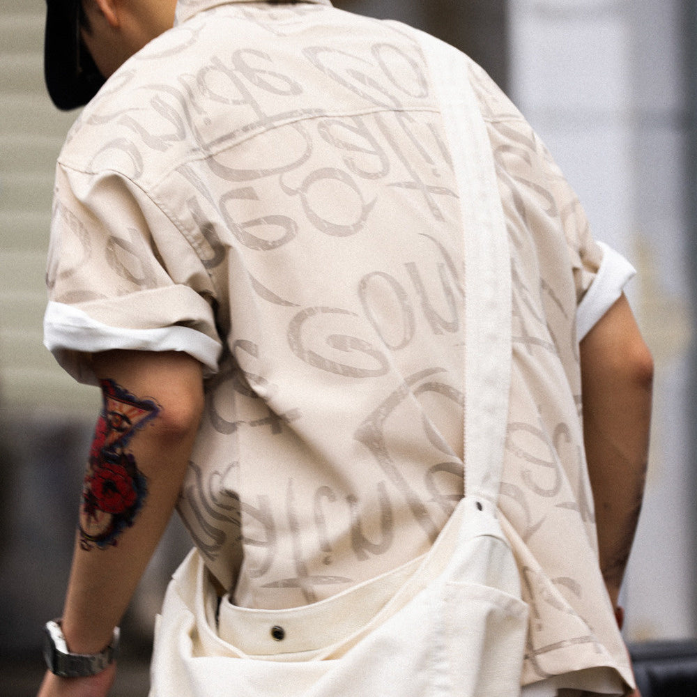 美式滿印塗鴉冰絲短袖POLO衫男薄款寬鬆工裝半袖保羅衫T恤夏-Retro's Wear