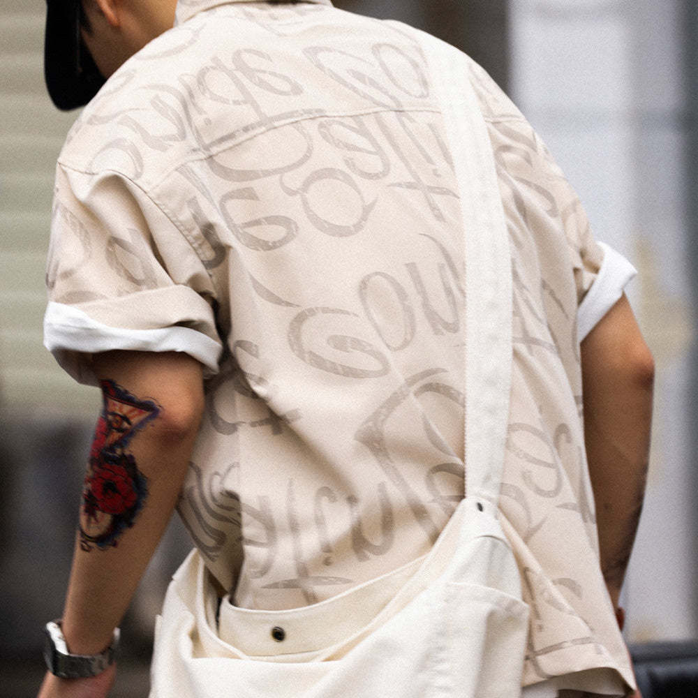 美式滿印塗鴉冰絲短袖POLO衫男薄款寬鬆工裝半袖保羅衫T恤夏-Retro's Wear