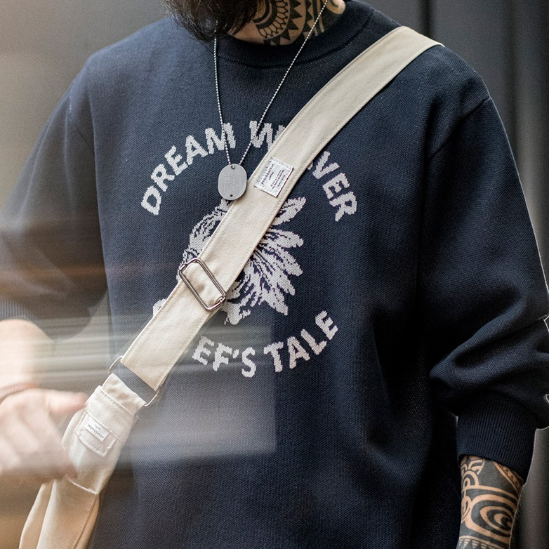 美式復古仿亞麻字母撞色毛衣阿美哢嘰套頭圓領針織衫男秋-Retro's Wear