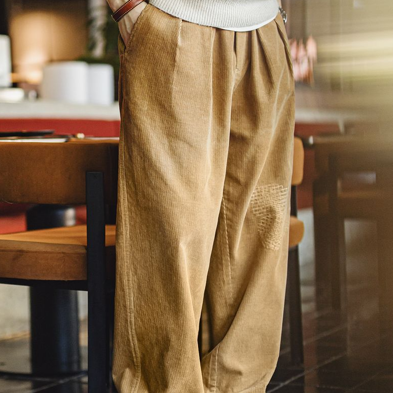 美式復古燈芯絨補丁休閒褲vintage寬鬆闊腿直筒褲男秋季-Retro's Wear