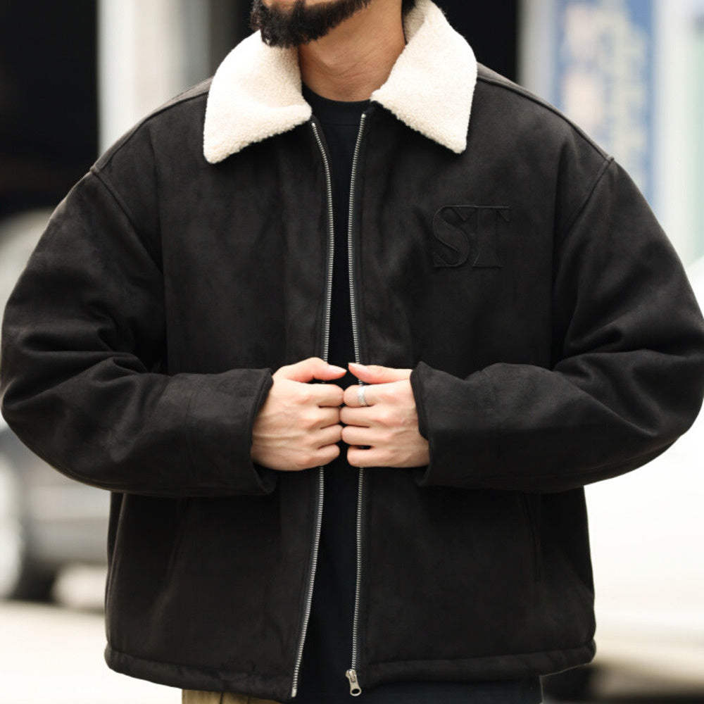 美式復古vintage麂皮絨外套男寬鬆刺繡加厚夾棉毛領夾克棉服-Retro's Wear