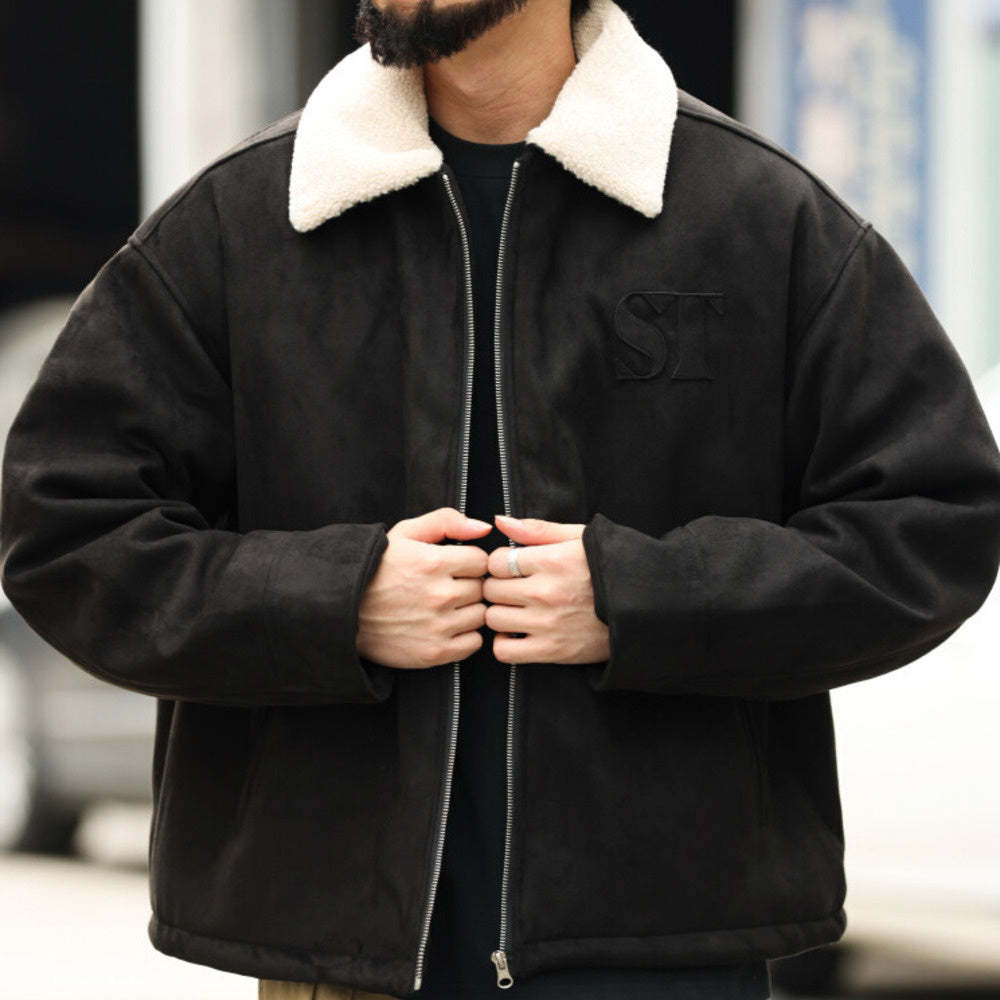 美式復古vintage麂皮絨外套男寬鬆刺繡加厚夾棉毛領夾克棉服-Retro's Wear