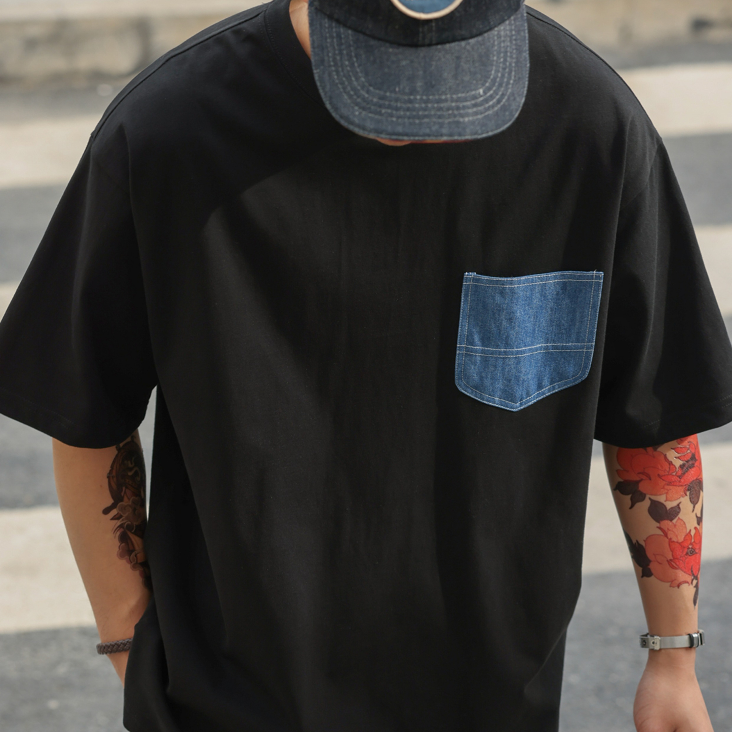 300g重磅精梳棉短袖T恤男美式休閒拼接牛仔口袋打底衫夏