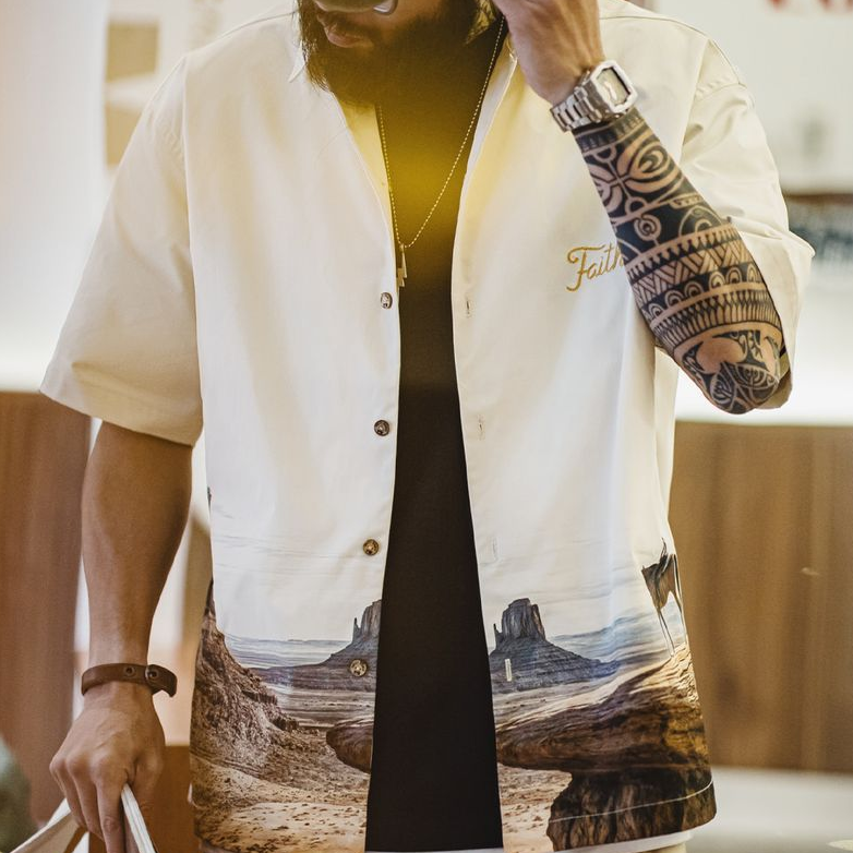 美式復古紀念碑穀古巴領襯衫短袖印花vintage襯衣男春夏