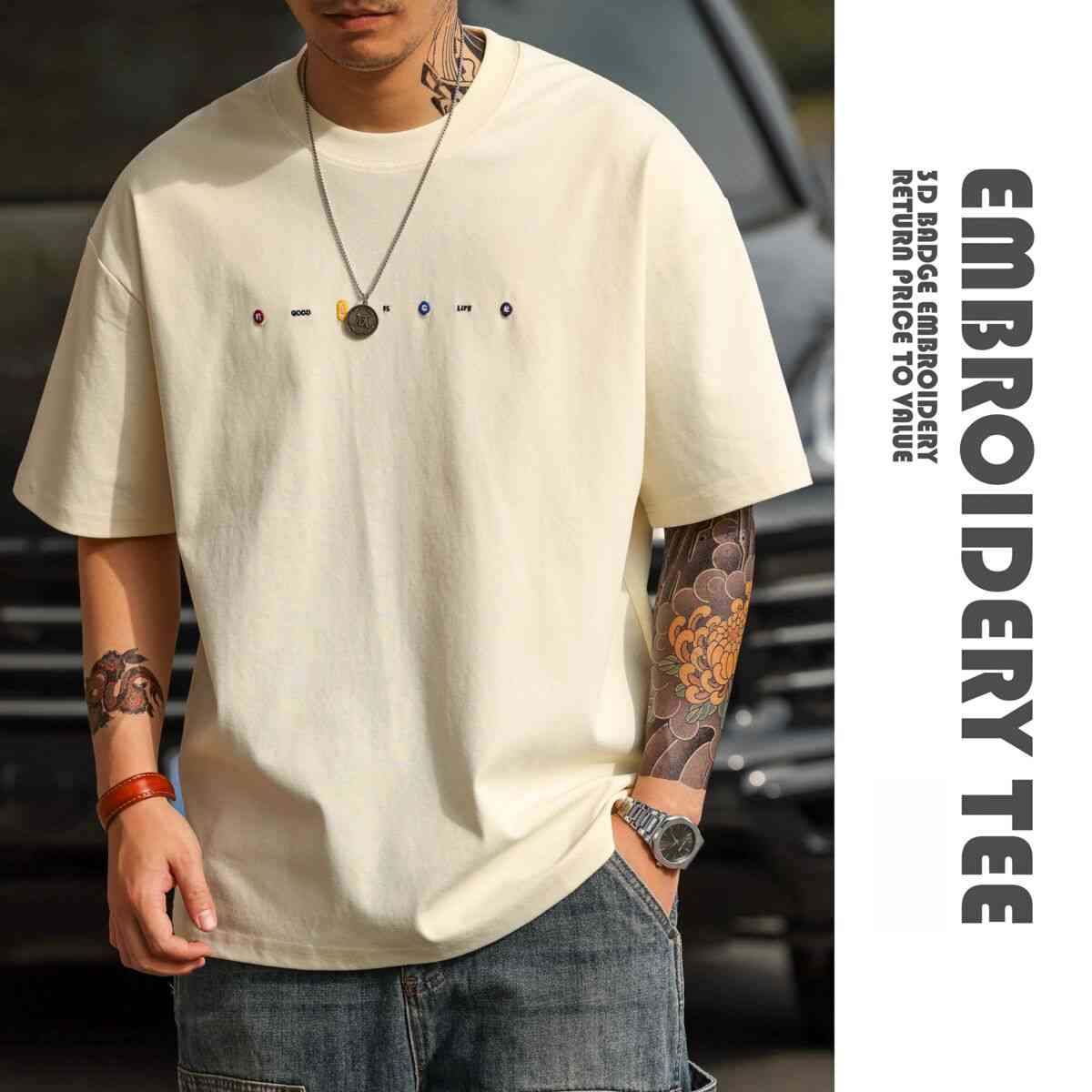 美式休閒刺繡短袖T恤男寬鬆簡約圓領親膚落肩袖打底TEE