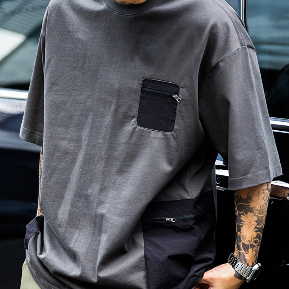 美式復古戶外拉鍊口袋設計短袖T恤男寬鬆撞色拼接機能風TEE-Retro's Wear