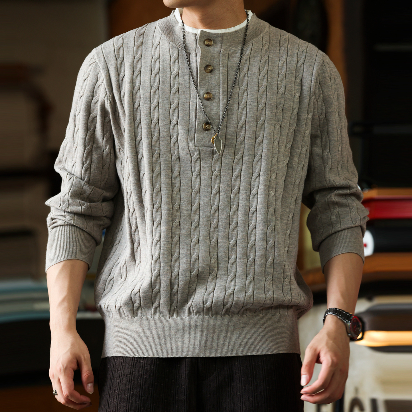 美式休閒假兩件亨利領毛衣男12針麻花紋理羊毛混紡針織衫