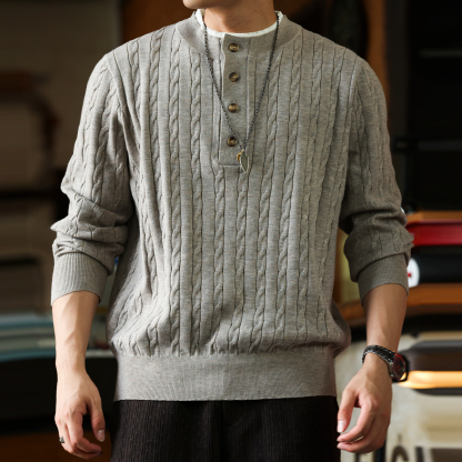 美式休閒假兩件亨利領毛衣男12針麻花紋理羊毛混紡針織衫