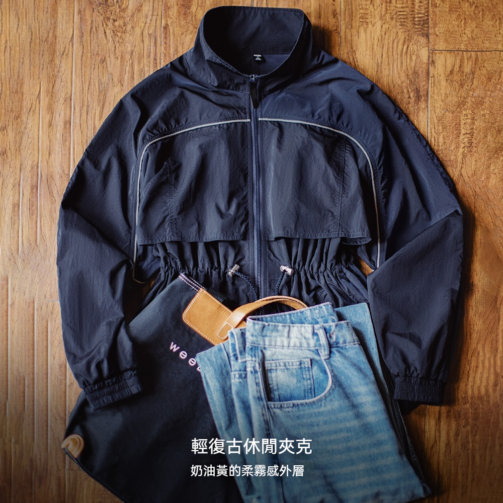 美式立翻領寬鬆輕薄短款收腰派克工裝風衣夾克外套女上衣士夏