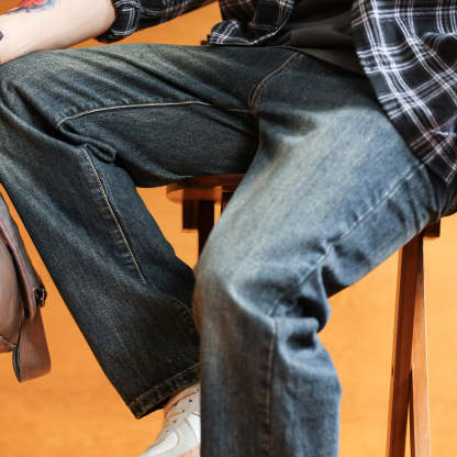 美式復古水洗藍牛仔褲男寬鬆直筒墜感休閒闊腿老爹長褲子秋-Retro's Wear