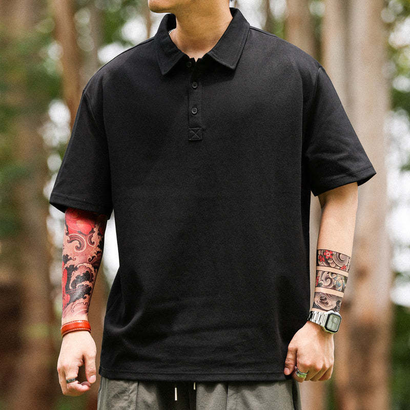 美式休閒肌理感短袖POLO衫男士寬鬆翻領重磅260G高級感T恤夏-Retro's Wear