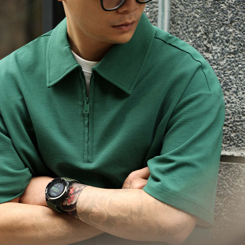 美式休閒半拉鍊翻領POLO衫男260g重磅肌理感寬鬆短袖T恤