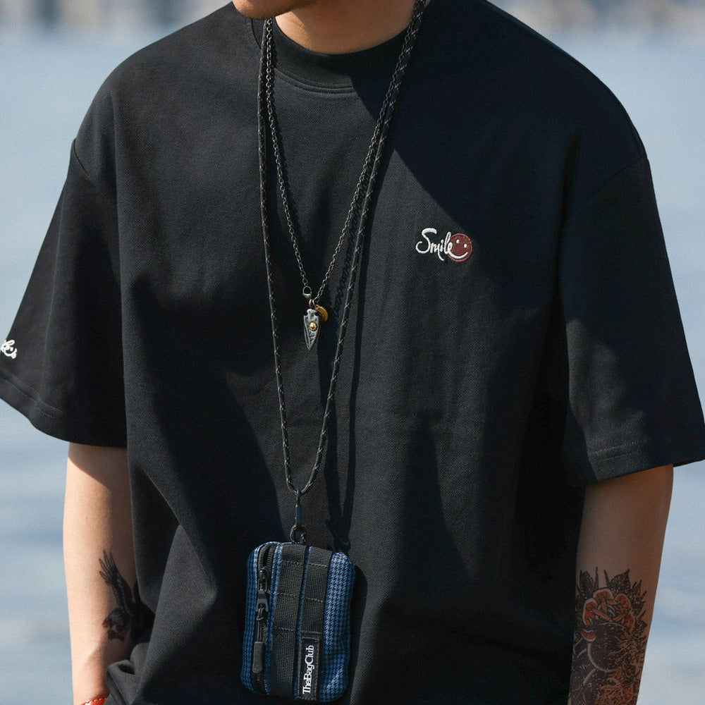 美式休閒230g斜紋雙面棉短袖T恤男笑臉刺繡圓領打底衫