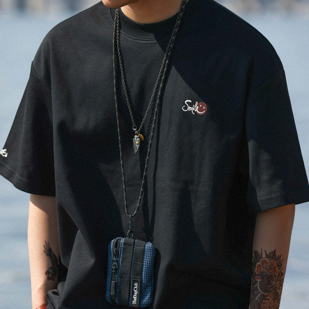 美式休閒230g斜紋雙面棉短袖T恤男笑臉刺繡圓領打底衫