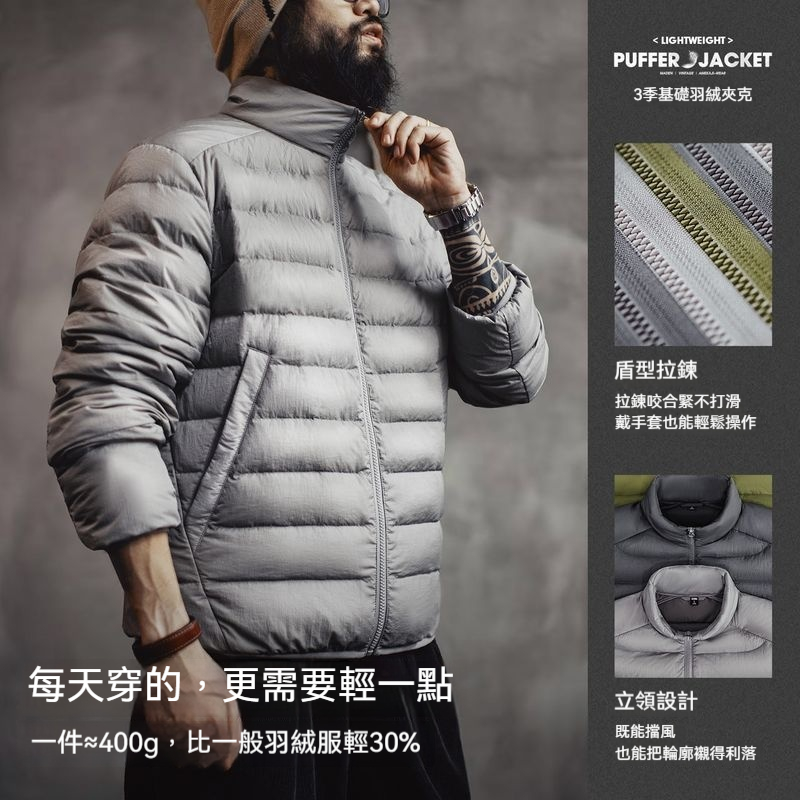 美式輕薄排骨羽絨服男秋冬保暖內膽短款羽絨夾克（連帽）