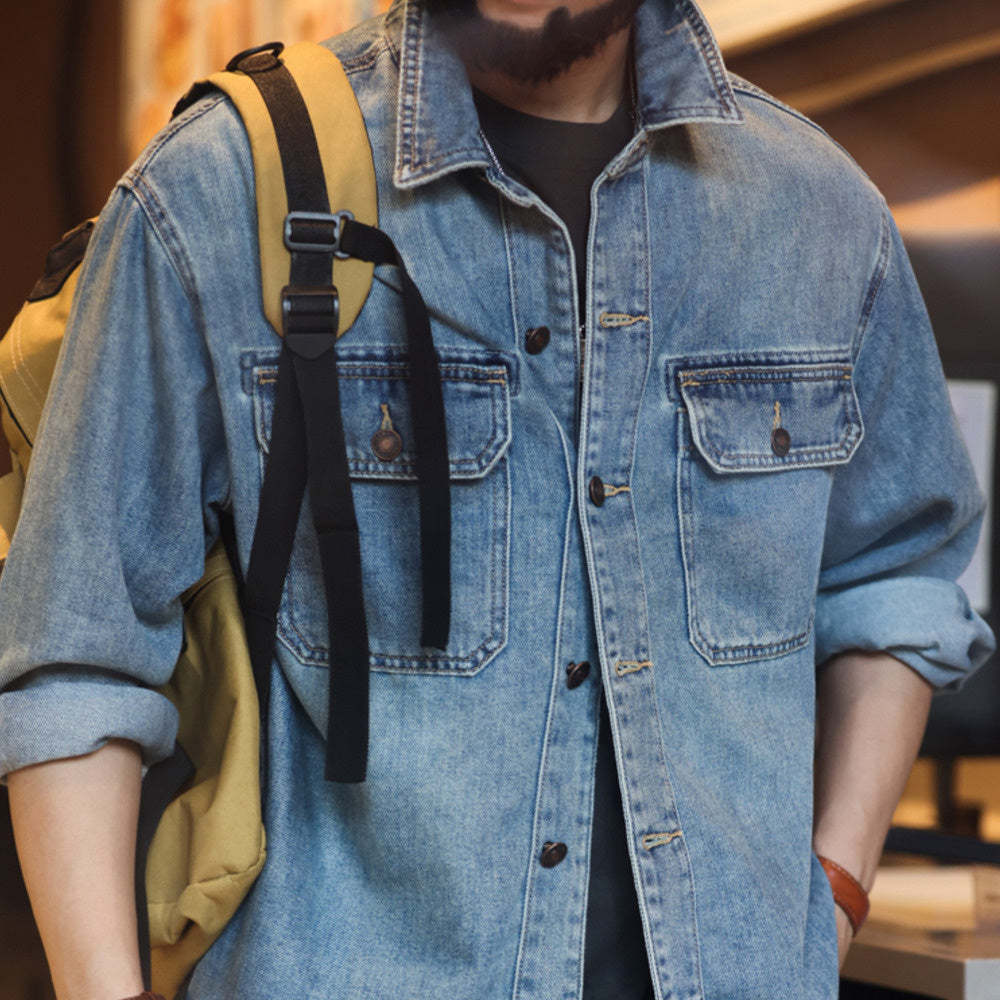 美式復古水洗9.5盎司牛仔襯衫萊賽爾翻領外搭工裝夾克外套秋-Retro's Wear