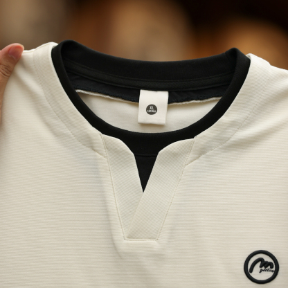 美式假兩件V型領設計短袖T恤男220g涼感休閒刺繡打底衫