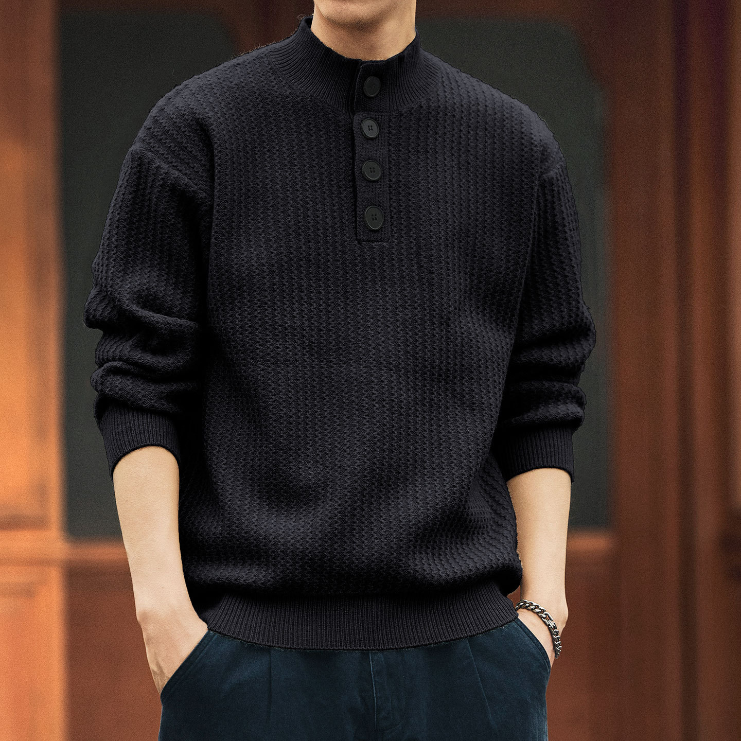 新中式半高領豎紋提花肌理感針織衫男士秋冬款加厚重磅毛衣