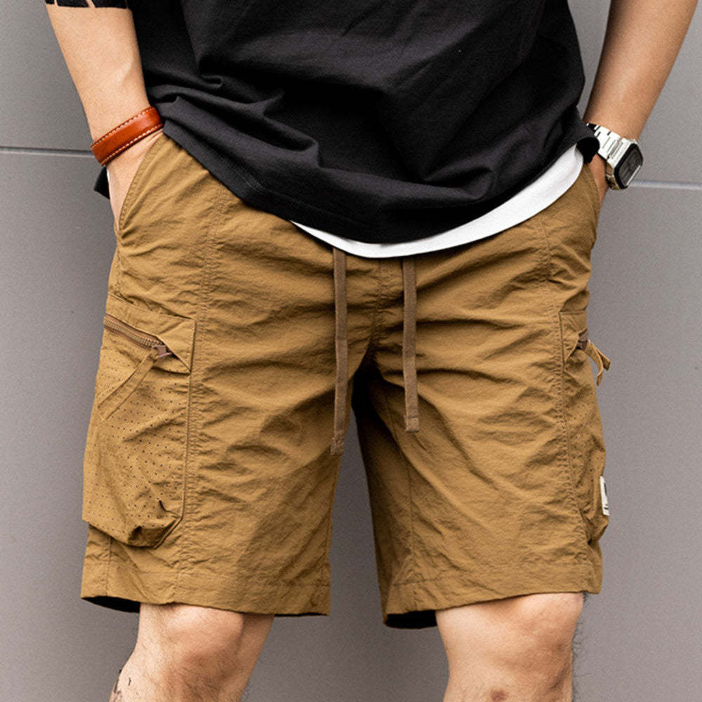 美式復古大口袋防水短褲戶外寬鬆機能薄款山系工裝五分褲夏