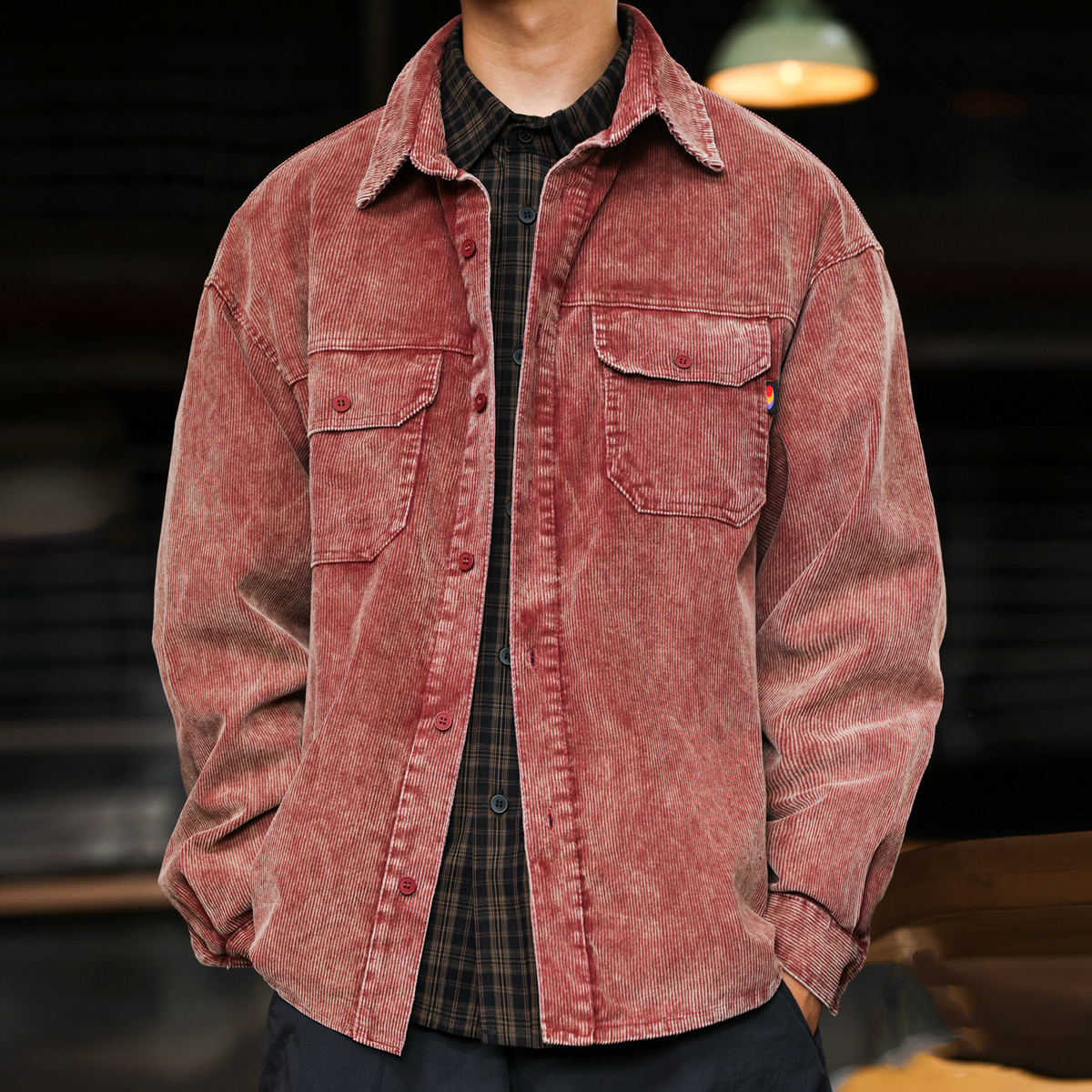 日系復古燈芯絨工裝襯衣外套男疊穿重磅水洗條絨襯衫秋