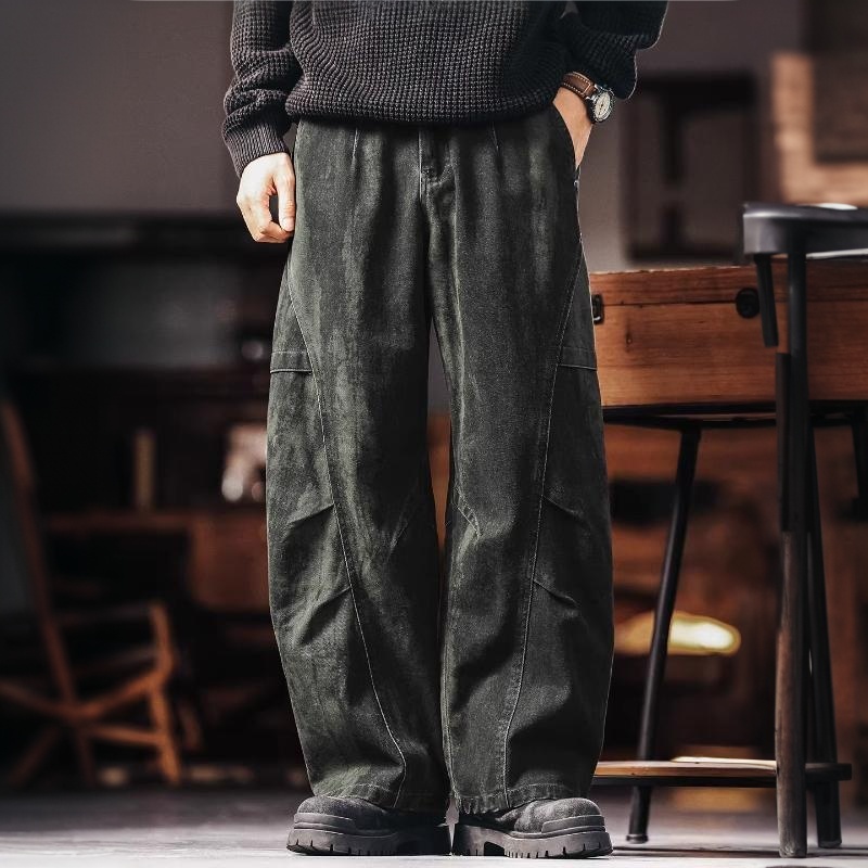 美式復古工裝休閒褲男士秋冬新款寬鬆闊腿軍綠色彎刀傘兵褲