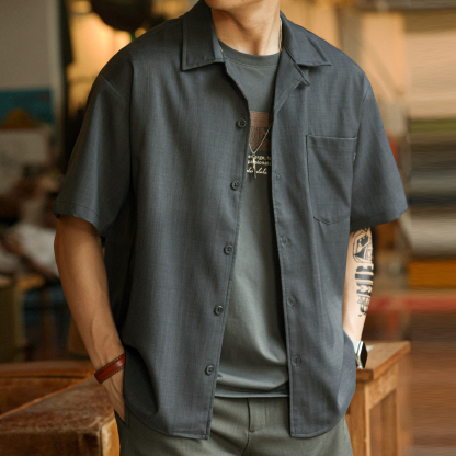日系復古竹節紋古巴領短袖襯衫男寬鬆雲感半袖開衫襯衫