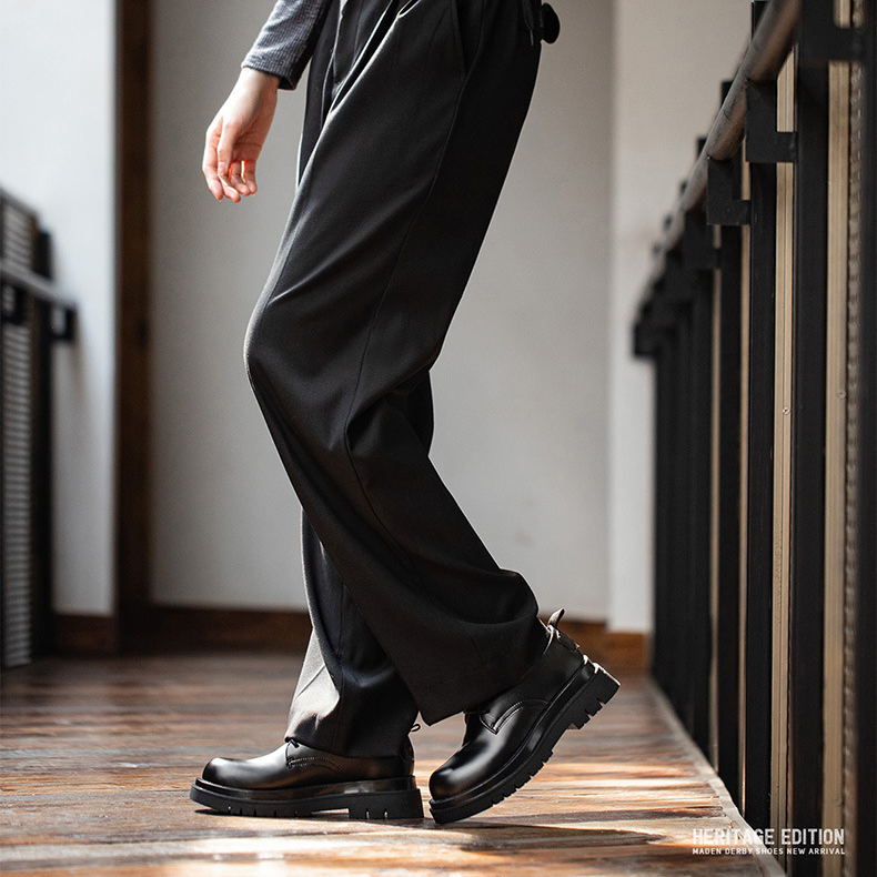 德比鞋男款厚底增高黑色大頭圓頭通勤休閒皮鞋（頭層牛皮）