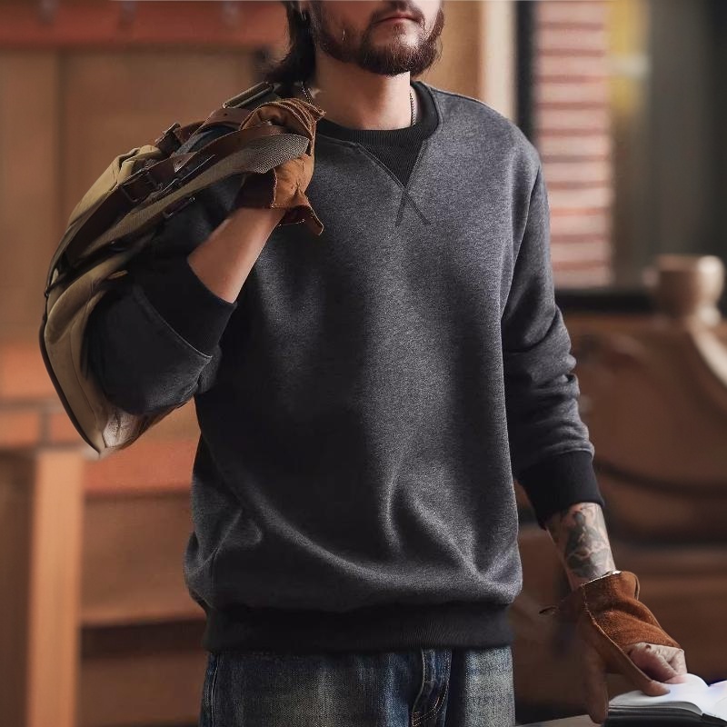 美式復古復古撞色圓領衛衣男2025秋冬加絨寬鬆休閒打底上衣