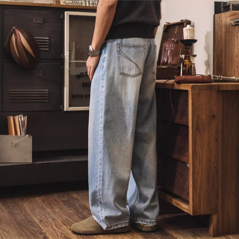 美式復古水洗磨白闊腿牛仔褲男款2026新款春季潮牌寬鬆休閒直筒褲