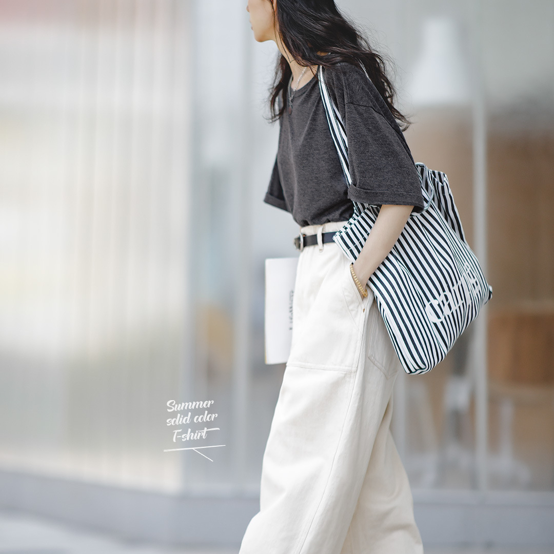 马登女装 美式休闲薄款T恤纯色落肩宽松基础款短袖透气上衣夏-Retro's Wear