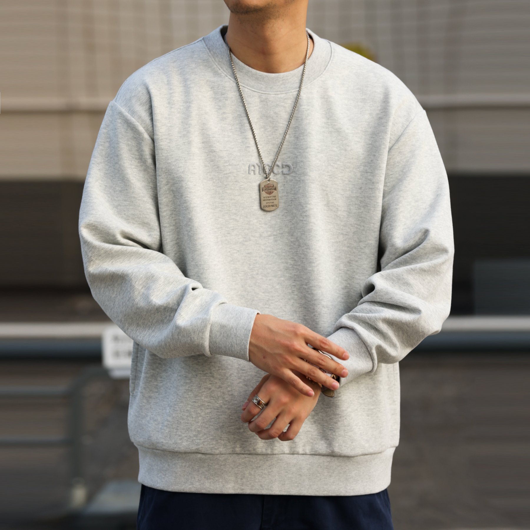 美式休閒無帽圓領字母刺繡衛衣男寬鬆380g打底長袖上衣