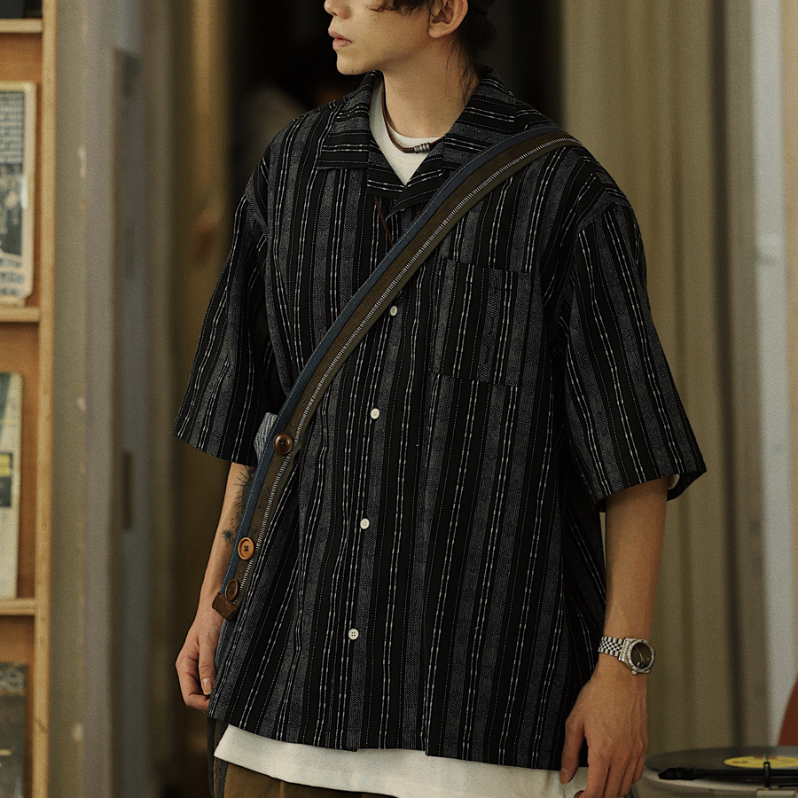 夏季日系條紋口袋工裝襯衫男少年感休閒潮流短袖襯衣