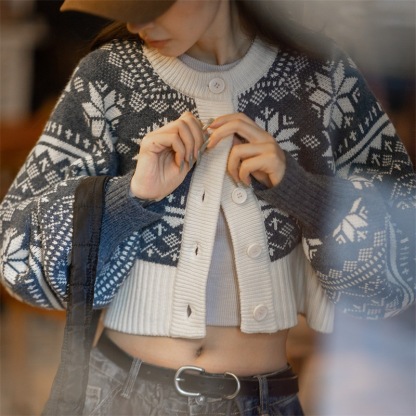 美式休閒提花針織衫圓領短款毛衣外套女秋冬-Retro's Wear