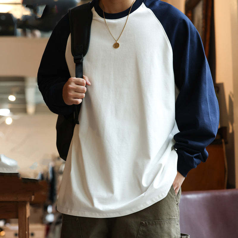 重磅純棉300g日系撞色插肩長袖T恤男寬鬆基礎版復古打底衫秋-Retro's Wear