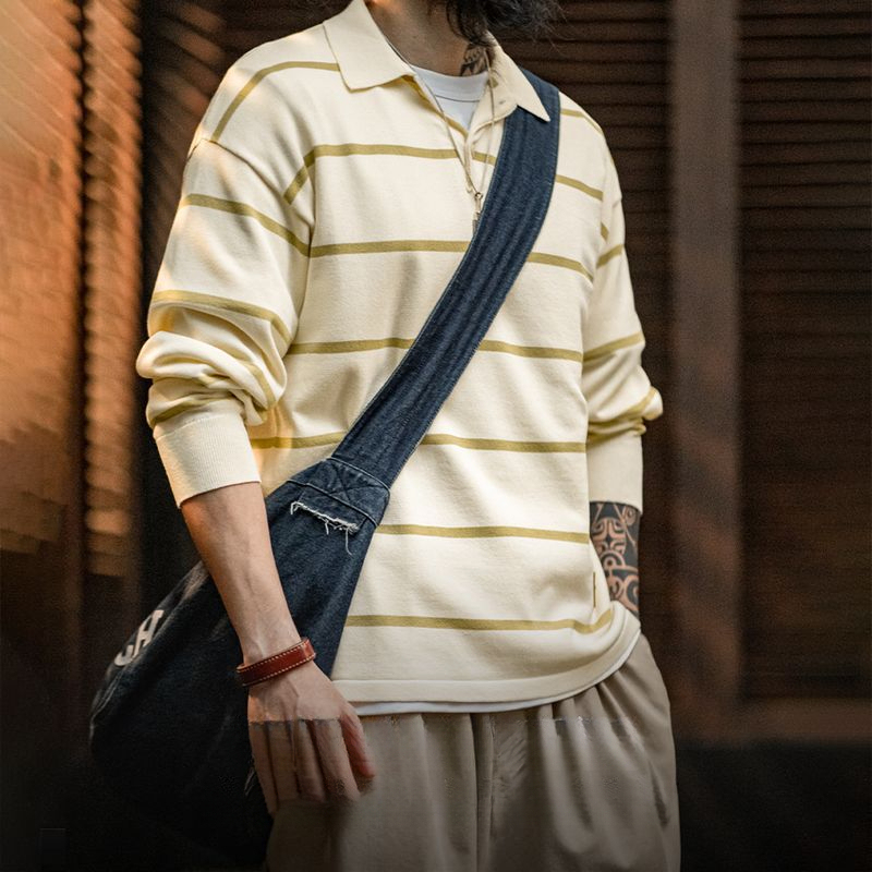 美式休閒條紋針織polo衫撞色翻領半開襟寬鬆長袖T恤男春
