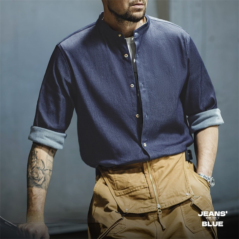 美式復古凉感冰絲牛仔襯衫水洗圓領休閒長袖襯衣外套男秋-Retro's Wear