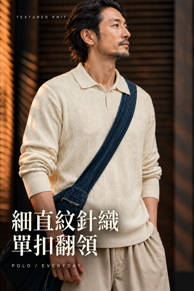 細直紋單扣翻領麻感針織長袖上衣 · 02-hero