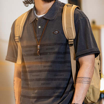 美式條紋印花polo衫男短袖t恤夏季2025新款純棉復古水洗半袖男