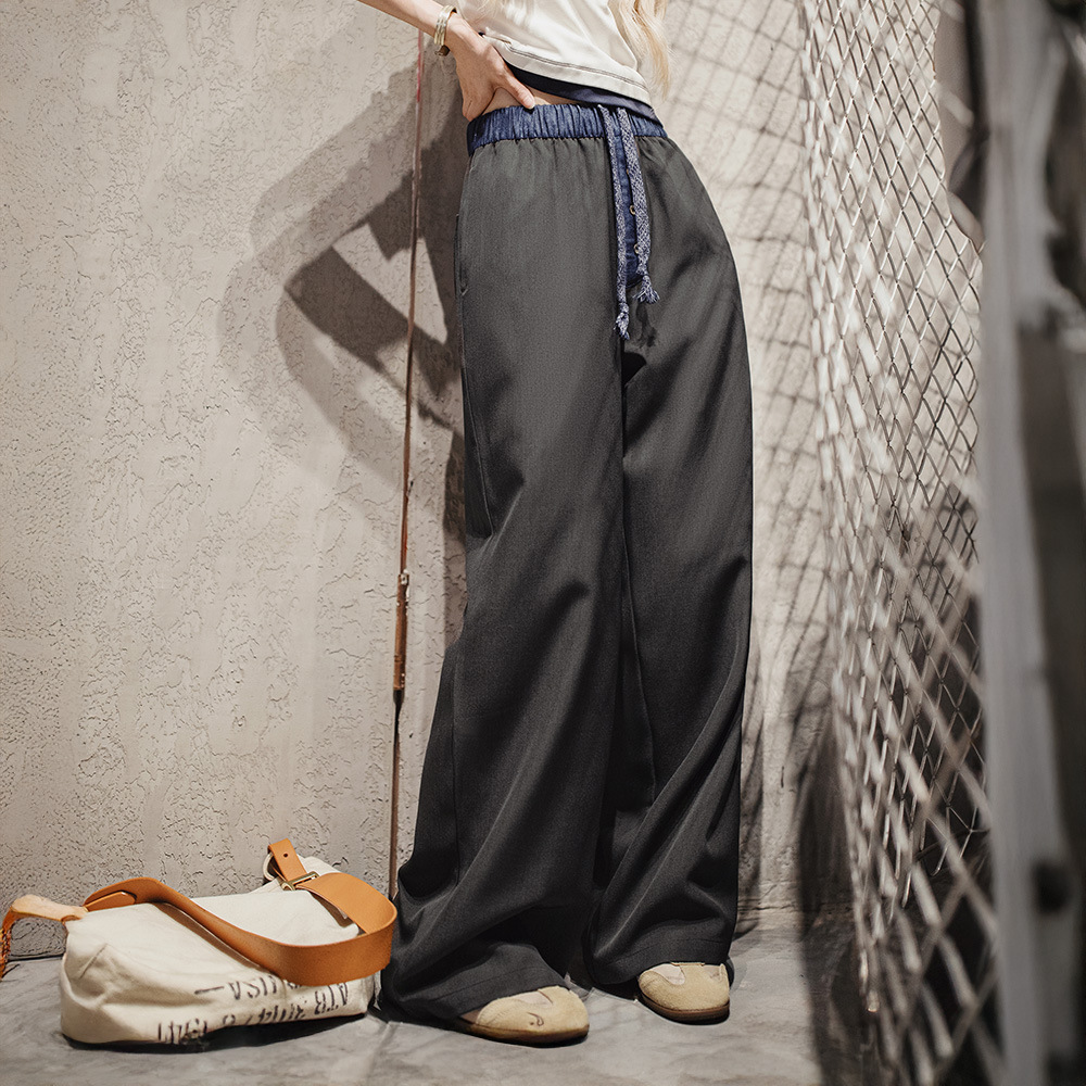 黑色窄版撞色寬鬆緊腰頭拼接直筒褲垂感休閒長褲小個子女士夏
