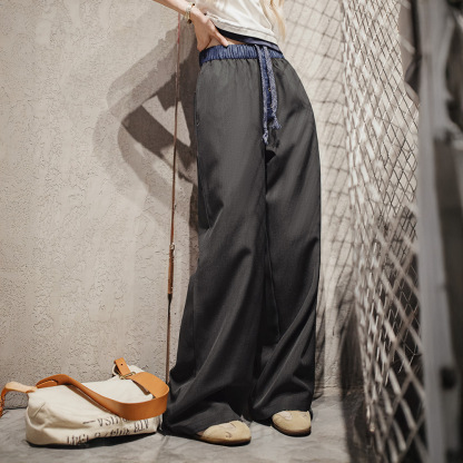 黑色窄版撞色寬鬆緊腰頭拼接直筒褲垂感休閒長褲小個子女士夏
