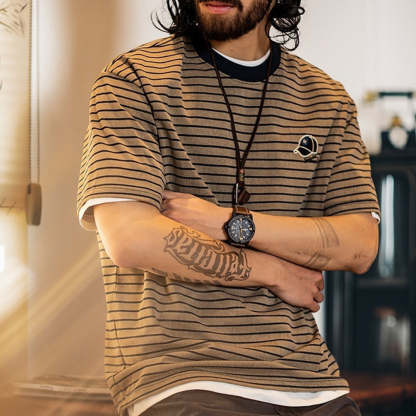 美式復古細條紋短袖t恤男2025夏季新款刺繡仿洗水做舊半袖男款夏t