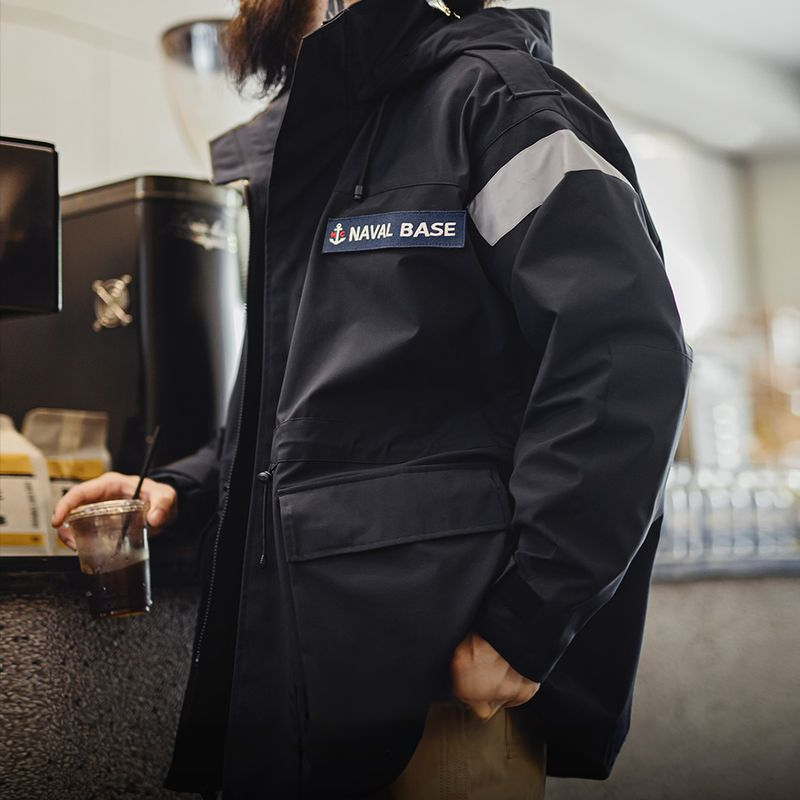 美式復古中長款海軍派克風衣寬鬆防風連帽夾克外套男秋季-Retro's Wear