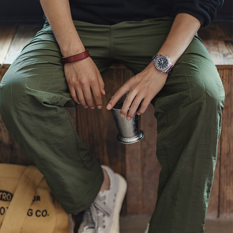 美式復古絎線褶皺雙膝褲薄款抽繩束脚軍綠直筒休閒褲男秋-Retro's Wear