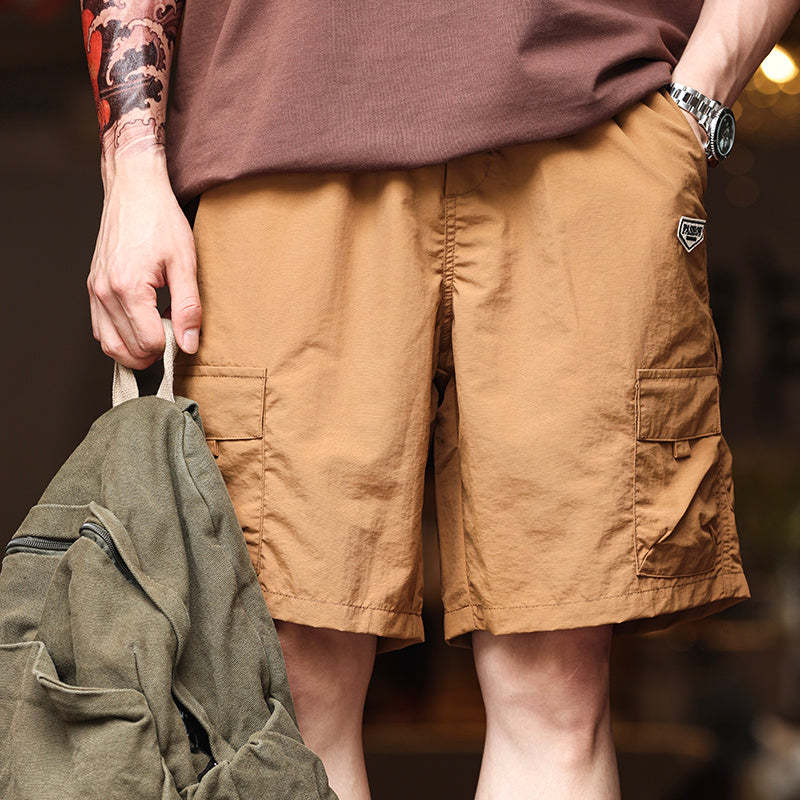 美式休閒尼龍速幹褶皺工裝短褲戶外運動薄款直筒五分褲男夏-Retro's Wear