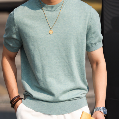 簡約老錢風短袖針織衫男高級感通勤休閒圓領收袖打底T恤