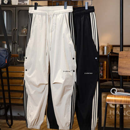 美式拼接條紋工裝束脚休閒褲男春夏2025新款彈力速幹運動褲子薄款