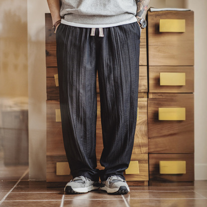 美式休閒水波紋褶皺坐禪褲日系鬆弛cityboy休閒褲男春夏