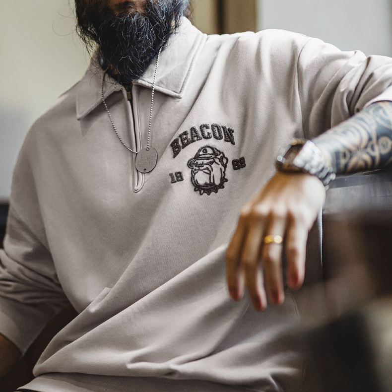 美式復古立體刺繡半開襟衛衣休閒翻領套頭polo衫上衣男春